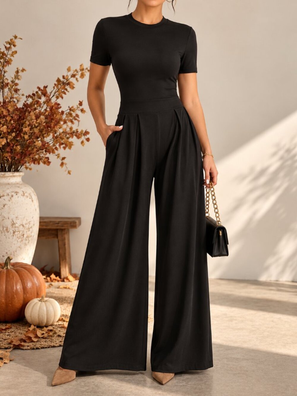 Petite Black Short Sleeve Wide Leg Jumpsuit Pockets Size Large